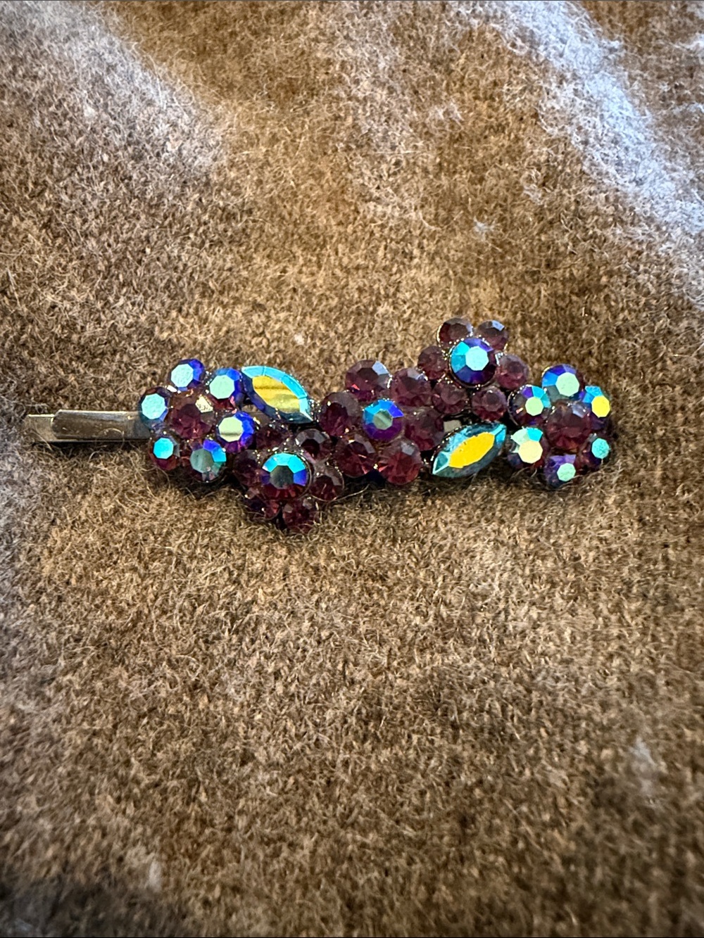 Vintage Crystal Floral Rhinestone Hair Barrette - Purple Sparkle